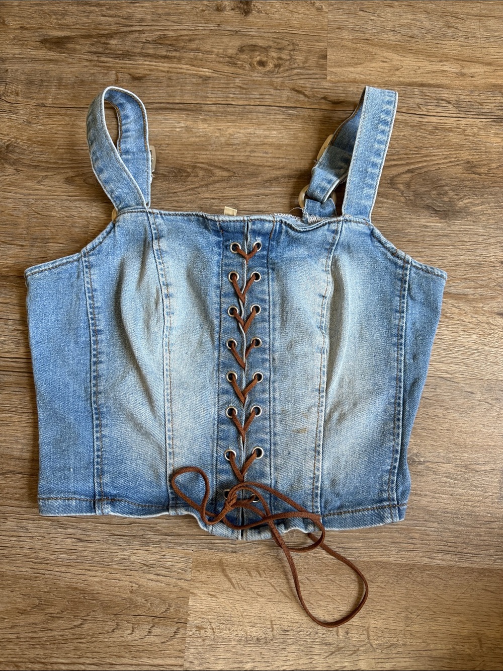 Denim Lace-Up Crop Top in Light Blue